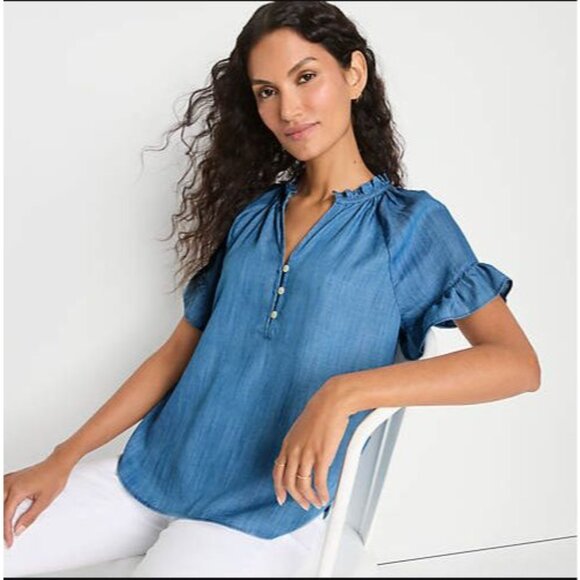 Lands End Womens Large Ruffle Sleeve Blouse Lyocell Chambray Blue Shirt Top - Picture 1 of 13